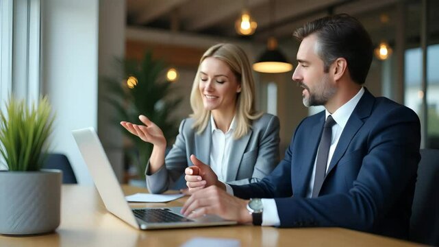 Flat illustration of two busy mature professional business executives, a man and a woman, working on laptops and discussing financial projects in an office setting.