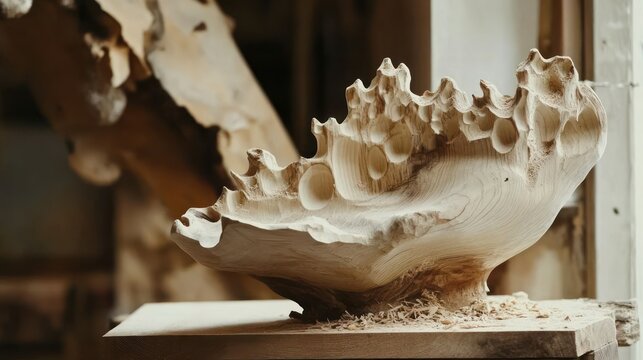 Abstract Wood Sculpture with Intricate Detailing, highlighting artisanal woodworking techniques and evoking themes of creativity and natural beauty, showcasing textures