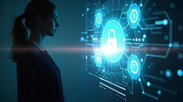 Flat Woman entering username and password on holographic interface displaying secure padlock encryption symbols representing data protection and cybersecurity in empty space concept as Woman enters us - Powered by Adobe