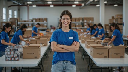 Positive young female volunteer smiling and posing confidently in a busy charity distribution center.