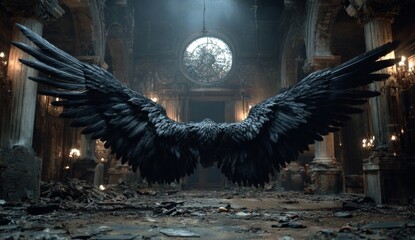 Doctors, Scientists and nurses in front of a black angel of death. Black wings, symbolizing the bribery, corruption, greed within the healthcare system. Damage caused by big pharma, pharmaceutical.