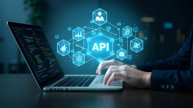 Hand Programming on Laptop with Holographic API Development Icons in Empty Space - Futuristic Tech Concept for Stock Photo