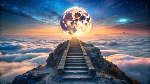Photo of a surreal landscape features a stairway to heaven leading to a giant earthlike moon hovering above a sea of clouds under a starry sky