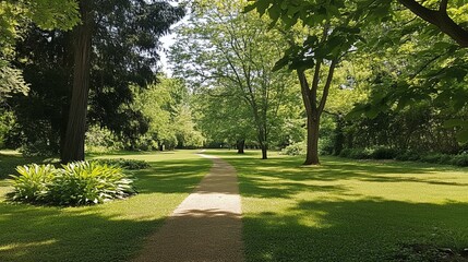 Sun-dappled path winds through lush green park, trees arch overhead casting shadows on grassy lawn, peaceful tranquil scene