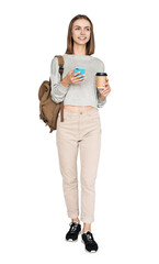Beautiful student girl standing confident isolated transparent PNG, Full length studio portrait of smiling young woman with backpack and mobile phone
