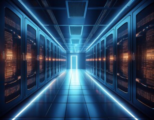 data center server room corridor glowing lights technology infrastructure network security
