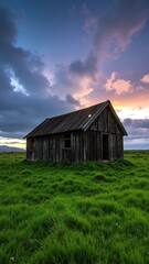 Fototapeta premium A rustic red barn stands proudly in the center of a vast, open field, surrounded by lush green grass and wildflowers under a bright blue sky.