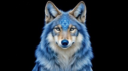 Fierce wolf silhouette with a pen on its forehead illuminated by neon blue light creating a unique artistic effect