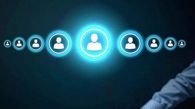 Hand interacting with holographic HRM interface displaying employee recruitment talent management selection icons representing human resource management and recruitment strategies in empty space conce