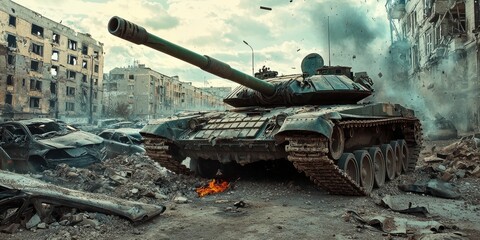 A tank crushing cars in an urban war zone