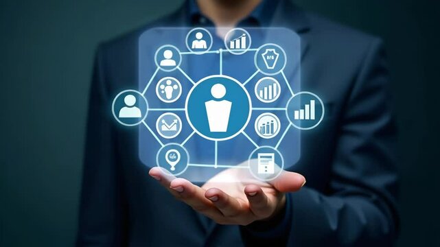 Hand reviewing holographic business audit device showing compliance target data analysis icons in empty space concept as Hand reviews holographic business audit device displaying compliance target dat