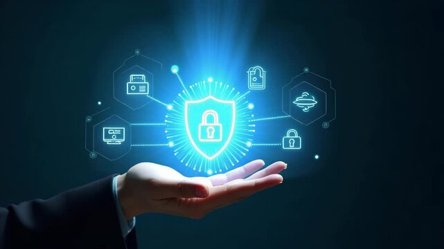 Hand holding holographic Zero Trust security model interface surrounded by security icons emphasizing cybersecurity principles and secure network access in empty space concept as Hand holds holographi