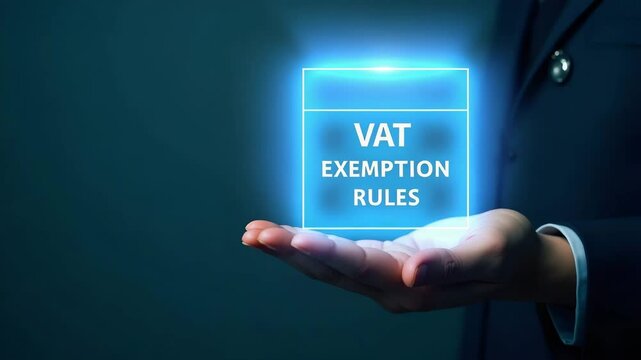 Hand Interacting with Holographic Device Displaying VAT Exemption Rules, Emphasizing Eligible Exemptions, Empty Space Background for Stock Photo Concept