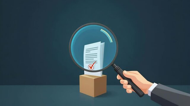 Hand using holographic magnifying glass focusing on approved document with checkmark on wooden cube symbolizing quality assurance and document control in empty space concept as Hand uses magnifying gl