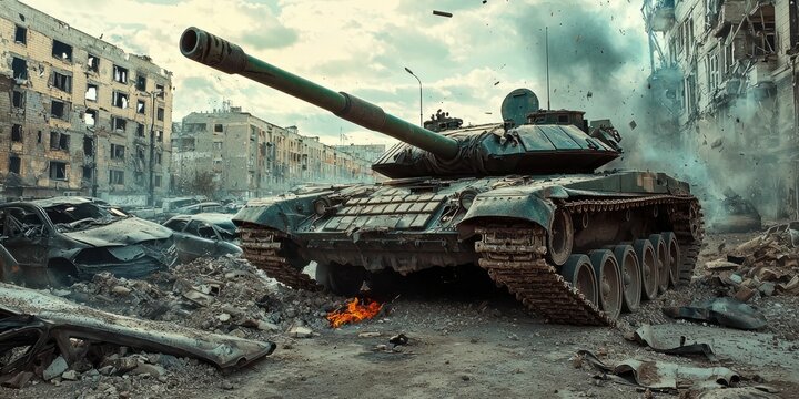 A tank crushing cars in an urban war zone