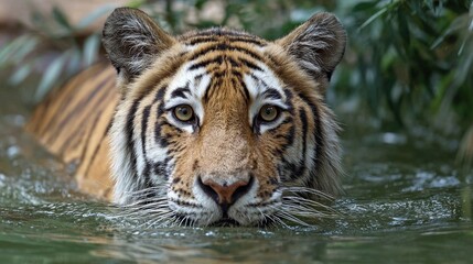 Close-up of an Indian tiger swimming in water, with detailed fur and expressive eyes, set against the backdrop of its natural habitat. 