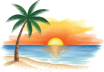Obraz premium Tropical Sunset with Palm Tree on Beach - Watercolor Illustration