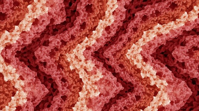 A fractal pattern of carcinogenic warning labels crafted from processed meat textures, forming an infinite loop.