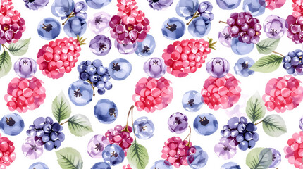 Seamless pattern of red, blue and purple berries on white background	