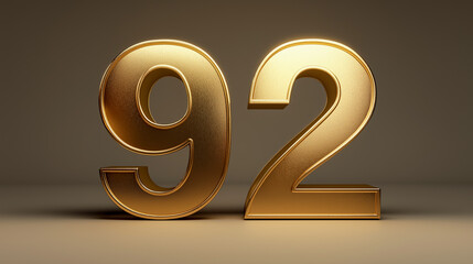 Shiny gold number 92 on a smooth surface