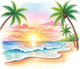Obraz premium Vibrant Tropical Sunset Over Ocean Waves - Watercolor Illustration