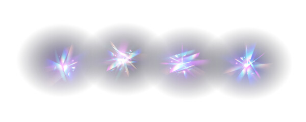 Set Rainbow crystal light leak flare reflection effect. Spectrum lights rays glowing on transparent...