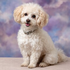 Fototapeta premium Small fluffy white dog sitting gracefully on a soft pastel background with a calm and serene expression