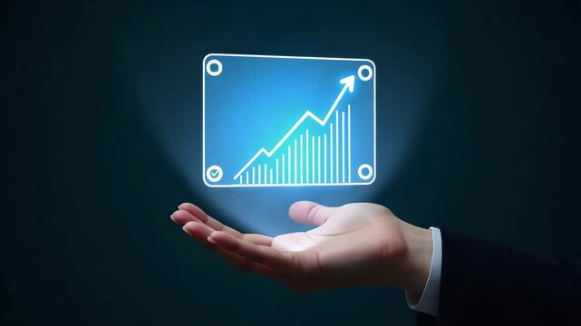 Flat Hand presenting holographic business insight strategy metrics symbol in empty space background concept as A hand showcases holographic business insight strategy metrics symbol illustrating busine