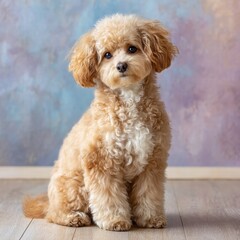 Fluffy poodle sitting gracefully on a wooden floor with a soft pastel background creating a charming atmosphere