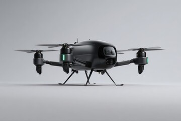 A photorealistic 3D render of a futuristic drone, sleek and black, hovering against a clean, light grey background, surveillance, delivery technology. 