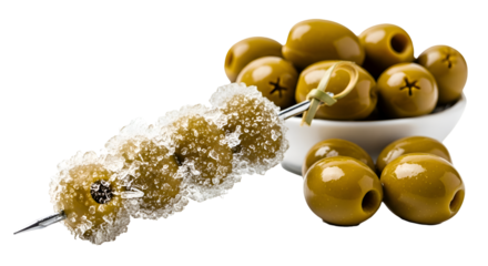 Green Olives Displayed with Ice Crystals and Bowl on Transparent Background Studio Shot