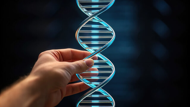 Hand holds glowing DNA double helix symbolizing agentic power of AI systems in genetic research and innovation