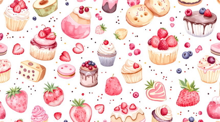 Watercolor Sweet desserts pattern on white background