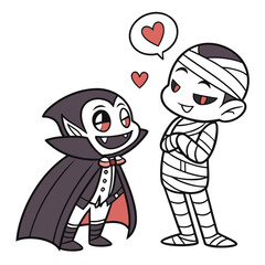 Cute cartoon vampire and mummy characters expressing affection with hearts and a speech bubble representing friendship or romance during halloween celebrations