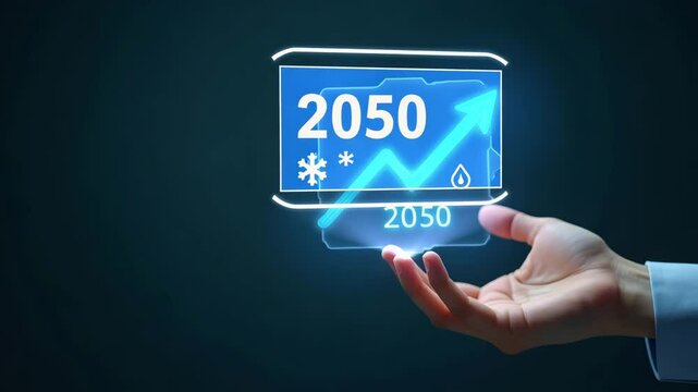 Hand Interacting with Holographic Carbon Neutrality Device: Increasing Arrow & CO2 Reduction Icons for 2050 Sustainability Goals in Empty Space Concept