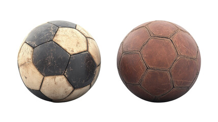 Worn old soccer ball with faded patches and vintage texture isolated on white background