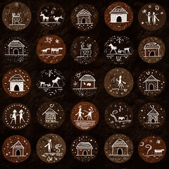 Seamless Warli Pattern Featuring Humans, Huts, and Animals in Artistic Motifs