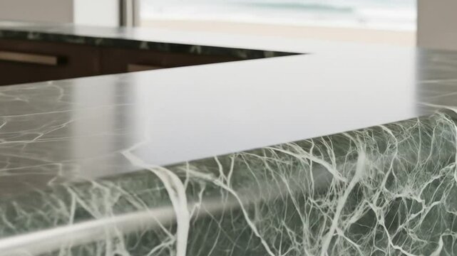 Close up detailed video showcasing the elegant veining and polished finish of a marble countertop