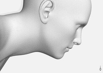 Side view of a human head formed from dots. Face recognition. Stipple style digital face. Concept of technology, anonymity, social disguise. Cybersecurity. 3d vector for presentation, card, cover.