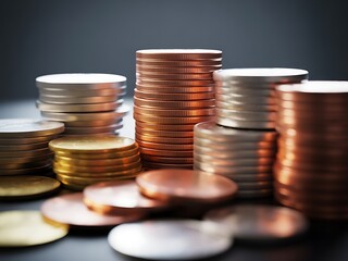 Stacks of metallic currency coins in varying shades of gold silver and copper money financial