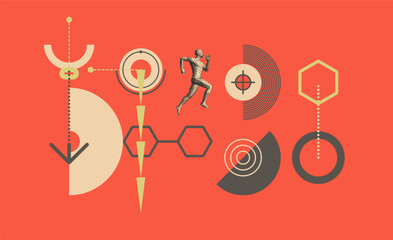Art composition. Running man or marathon runner. 3D human body model. Design for sport. Geometric pattern. Abstract circular design elements. Vector for presentation, poster, cover or brochure.