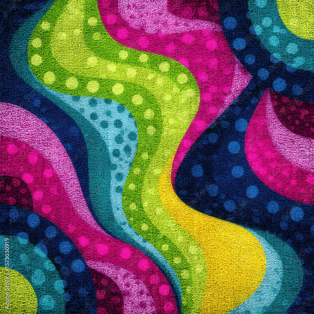 Poster colorful seamless pattern with wavy psychedelic lines and dots creating a vibrant abstract design