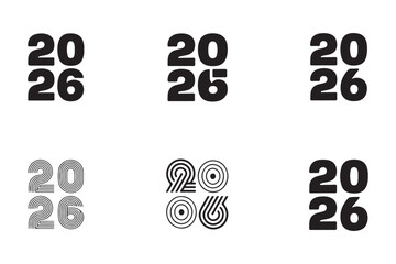 Six Variations of 2026 Year Number Designs Black Bold and Linear Styles White Background
