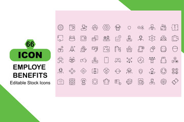 Sixty Six Employee Benefits Line Icons Set Editable Stock Icons Black White Green Pink Background