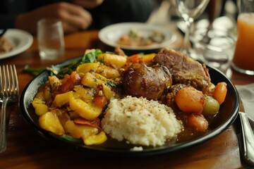 Hearty traditional lunch served on a plate in Bog featuring diverse flavors and vibrant colors, Pan across traditional hearty lunch on plate in Bogota restaurant