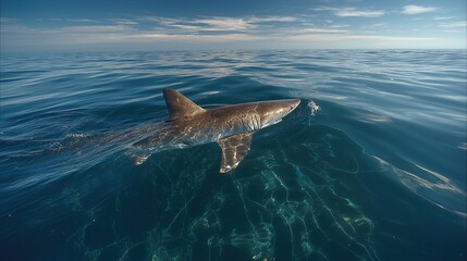 Naklejka premium A close-up of a basking shark’s silhouette against the bright sunlit water surface