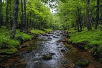 Obraz premium Lush forest stream winding through vibrant green foliage in a serene woodland setting, Lush Forest Stream with Green Foliage