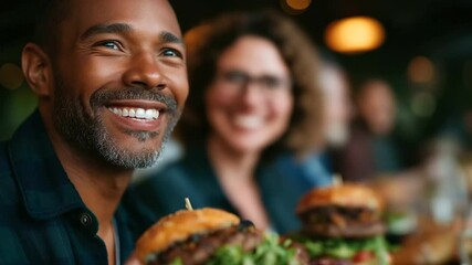 A lively group of friends celebrating the 4th of July with festive dishes at a cozy restaurant. - Powered by Adobe