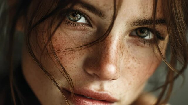 AI-generated of a closeup portrait of a woman with freckles and brown hair across her face