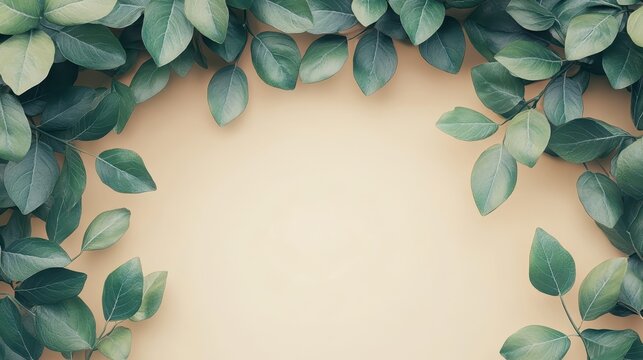 Green leaves frame on beige background, nature design, template